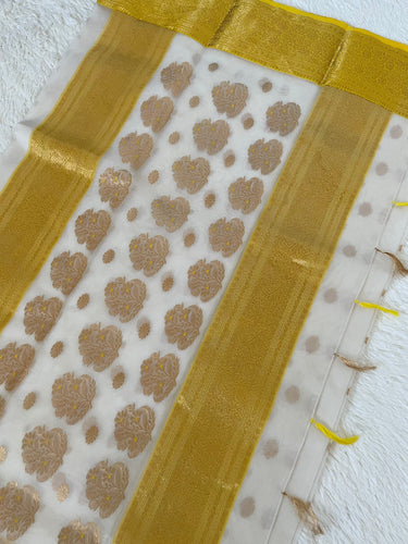 Chanderi Silk saree | Off white with Yellow & Gold Border | Handwoven | Ships from California